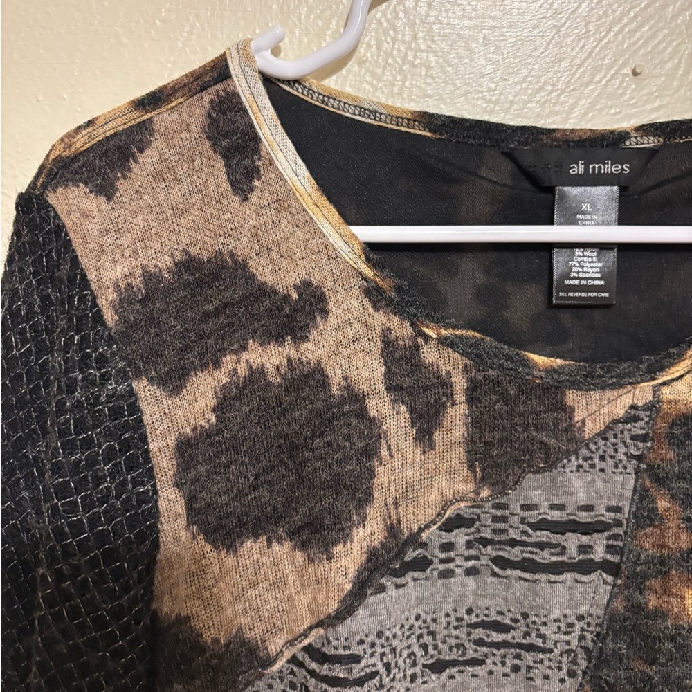 Ali Miles XL Patchwork Leopard Print Tunic Top Mixed Media Artsy Boho - Picture 6 of 8